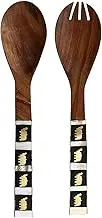 Purpledip Cooking-Serving Spoon Set: Mother Of Pearl & Brass Inlay On Wood (10032)