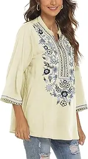 [Seasonal] Women's Hippie Blouse Bohemian Mexican Top 3/4 Sleeve V-Neck Button-Up Tunic Folklore Blouse with Embroidery