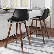 [ALFORDSON] Bar Stools 2X Wooden Counter Stool 65cm Seat Height Kitchen Dining Chair with Footrest and Adjustable Leg Levelers Vintage Leather Barstools for Home Bar Dining Room, Black