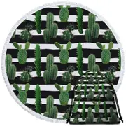 Cactus over Black and White Stripes Round Beach Towel