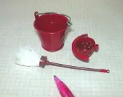 Miniature Red Metal Mop Bucket w/Removable Strainer + Mop: DOLLHOUSE 1:12-ish