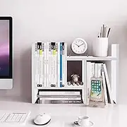 Jerry & Maggie Desktop Organizer Office Storage Rack Adjustable Wood Display Shelf Free Style Double H Display True Natural Stand Shelf (White)