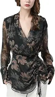 [Generic] Vintage Floral Print Chiffon Blouse Women Long Sleeve V-Neck Summer Tops Irregular Shirts