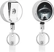 [YJWANDL] Compact Stainless Steel ID Holder with Retractable Cord, Alien Spaceship UFO Print Lightweight And Durable Everyday ID Holder, White