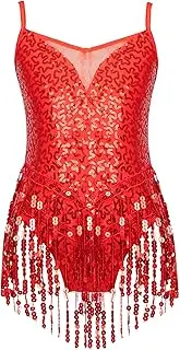 [Hedmy] Kids Girls Latin Dance Dress Sleeveless Sequins Tassels Fringed Leotard Dress Ballroom Dancing Costume