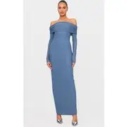 Steel Blue Diamante Bardot Long Sleeve Flare Sleeve Maxi Dress, Steel Blue