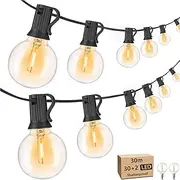 1 Pack 30M Outdoor String Lights with 30+2 G40 LED Bulbs, IP44 Waterproof and Shatterproof Plug-in Outdoor Lights, Shatterproof, 2700K Warm White Fairy Lights for Party, Garden, Yard, Not Dimmable