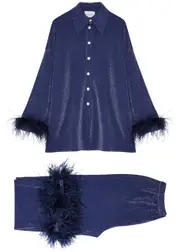Sleeper Cosmos Feather-trimmed Metallic Pyjama set - Navy M (UK12 / M)