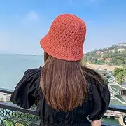 [Ling88] Solid Color Handmade Crochet Floppy Top Summer Hats for Women Hollow Out Knit Dome Bucket Hat Wide Brim Foldable Beach Caps,Sun Hat Big Brim Hat-6