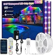 IP67 15M RGB+IC Outdoor Led Strip Lights Waterproof Led Light Strips with RF Remote &Bluetooth Music Sync App Control,Color Changing LED Rope Lights,Completely Waterproof Continuous Outside Led Lights
