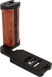 Jectse Universal Camera Handle L Bracket with Wood Grip, Arca Design, Cold Shoe, 3 Adjustable Screw Slots for DSLR Mirrorless Cameras, Compatible with Cages, Rigs