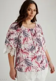 Autograph Top Plus Size 26 Tunic On/Off Shoulder Pink Leaf Lace 3/4 Sleeve R$90