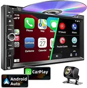 Double Din car Stereo with CD/DVD Player- CarPlay & Android Auto, Car Audio with Bluetooth, 7 Inch HD Touchscreen, Rear Camera, USB/TF/AUX, Subwoofer, AM/FM Radio Receiver