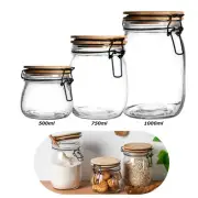 Glass Storage Jar Airtight Container Wooden Clip Lid Kitchen Preserving Canister