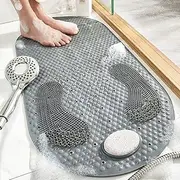 MOLFUJ 32"X16" Foot Scrubber Shower Mat with Pumice Feet Scrub Stone, Oval Bathtub Mat with Antislip Suction Cups and Drain Holes, Non Slip Bath Mat with A Pumice Stone for Feet Massage - Grey
