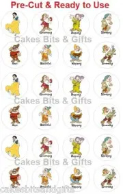 24 x SNOW WHITE & SEVEN DWARFS Edible Wafer Cupcake Toppers PreCut Ready to Use