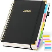 Hardcover Spiral Notebook with Dividers Tabs, 300 Pages Leather 5 Subject Notebook, 8"x10" B5 Large Journal for Work School Note taking, Journal for Women, Black