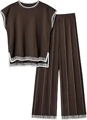 [Ekouaer] Womens Matching Sets Knit Sweater Sets 2 Pieces Outfits Pullover Tops Wide Legs Pants Lounge Set