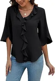 [ABINGOO] Women's Chiffon Blouse V-Neck Ruffle Hem Loose Tunic 3/4 Sleeve Elegant Tops Business Plain Tops Pullover