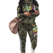 Nevenka Womens Camouflage Letter Print Pullover Long Pants Set-Camouflage