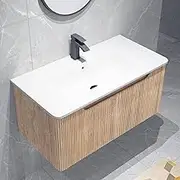 ACA International 910mm Length Unit Ceramic Basin Bathroom Cabinet Soft-Closing MDF Ripple Vanity Drawer Wall Mounted (Brown Without Faucet)