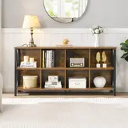 HOMFURN 8 Cube Storage Organizer Bookshelf, Rustic Wood Cubby Bookcase, Industrial Horizontal Long Shelf, Rustic Brown