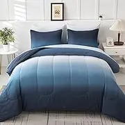 Anibedding Gradient Comforter Set Full Size 6 Pieces Ombre Navy Blue Bed in a Bag Complete Bedding Set - Breathable Solid Ocean Sea Blue Bed Sets with Flat/Fitted Sheet