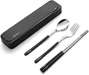 DEVICO Travel Utensils, 18/8 Stainless Steel 4pcs Cutlery Set Portable Camp Reusable Flatware Silverware, Include Fork Spoon Chopsticks with Case (Black)
