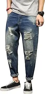 [Zylphorix] Men Regular Fit Street Ripped Jeans Distressed Denim Pants with Holes Y2K Classic Flip Hem Harem Trousers, Blue, 36