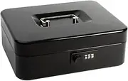 Safe Cash Box With Combination Lock, Decaller Medium Double Layer Cash Box with Money Tray Locking Storage Box, 9 4/5" x 7 4/5" x 3 1/2", QH2501M, Black