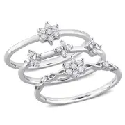 Amour Sterling Silver Diamond Floral Promise - 3 Piece Ring Set
