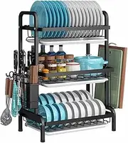 Dish Rack 3 Tier Dish Dryer Drainer Stainless Steel Dish Drying Rack Drip Trays Side Holder Kitchen Storage Save Space