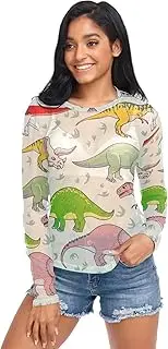 [RPLIFE] Dinosaurs Playful Mesh Long Sleeve Top, Sheer Sleeve Tops for Women S-XXL