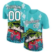 Custom Aqua White-Black 3D Pattern Design Big Bass Fish Fishing Performance T-Sh