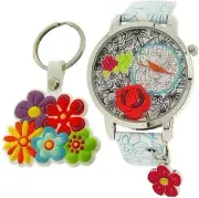 Time Design Kids Children Quartz Analogue Floral Watch Key Ring Set TDX4526 - CL
