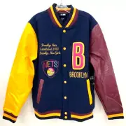 NEW Brooklyn Nets New Era Multicolor Leather Snap Letterman Jacket Coat Men's L