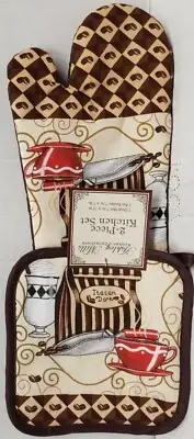 2pc PRINTED SET: 1 OVEN MITT & 1 POT HOLDER, COFFEE CUP & COFFEE BEANS,brown,AsM