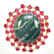 925 STERLING SILVER BROOCH NATURAL GREEN AGATE OVAL CABACHON & RED RUBY GEMSTONE