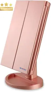 Lighted Makeup Mirror Tri-Fold 1X/2X/3X Magnification 21 LEDs Touch Screen Rose
