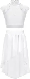 [Lejafay] Girls Rhinestone Crop Top with High-Low Chiffon Skirt Ballet Salsa Modern Contemporary Dancewear