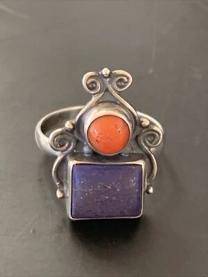Purple Stone & Coral Navajo Sterling Silver Ring Size 10 11524
