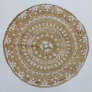 Beige round jute rug with white designs handmade area rug, floor carpet/mat
