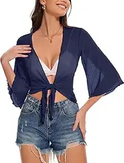 [CHICGAL] Women's Short Cardigan Bolero Shrug Sheer Tie Front Top 3/4 Sleeve Jacket for Dress