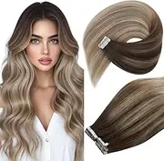 VeSunny 16" Balayage Dark Brown Tape in Extensions Color #4 Brown Fading to #16 Golden Blonde Mixed #60 Platinum Blonde Human Hair Seamless Skin Weft Hair Extensions 20pcs 50Gram/Pack