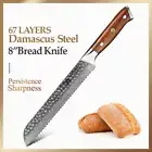 Full Tang Bread Knife 67 Layers Damascus Steel Wood Handle Hammered Serrated Cut