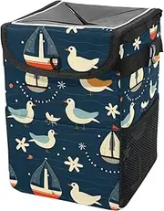 Car Trash Can with Lid and Storage Pockets Leak-Proof Organizer,Multipurpose Trash Bin for Car,Anchor Sea Bird Ocean