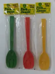 Vintage 1970's red yellow green Salad fork & spoon serving 3 sets new sealed NIP