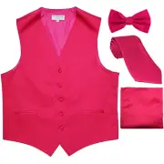New Men's solid Tuxedo Vest Waistcoat & necktie & Bow tie_Hankie Hot pink formal