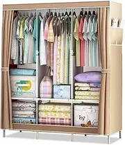 Portable Closet Wardrobe Closet for Hanging Clothes with 6 Shelves, 3 Hanging Rail and 2 Side Pockets Clothes Storage Organizer for Bedroom (Color : Brown, Size : 125x45x168cm)