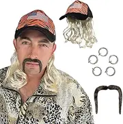 Watt's Wigs - Exotic Tiger Joe Costume Kit, Blonde Mullet Wig with Hat, Clip on Earrings, and Mustache - One Size Fits All